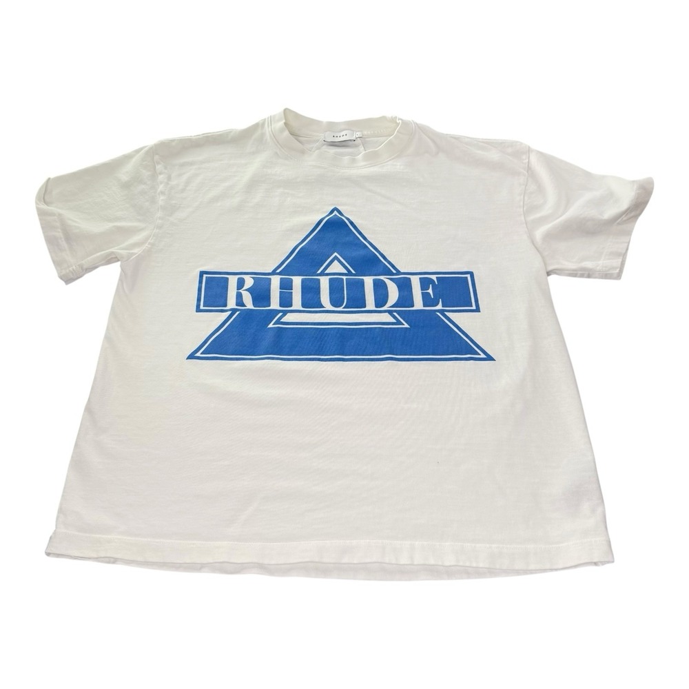 Rhude Blue Triangle Logo Graphic T Shirt White Men's Small Short Sleeve Cotton